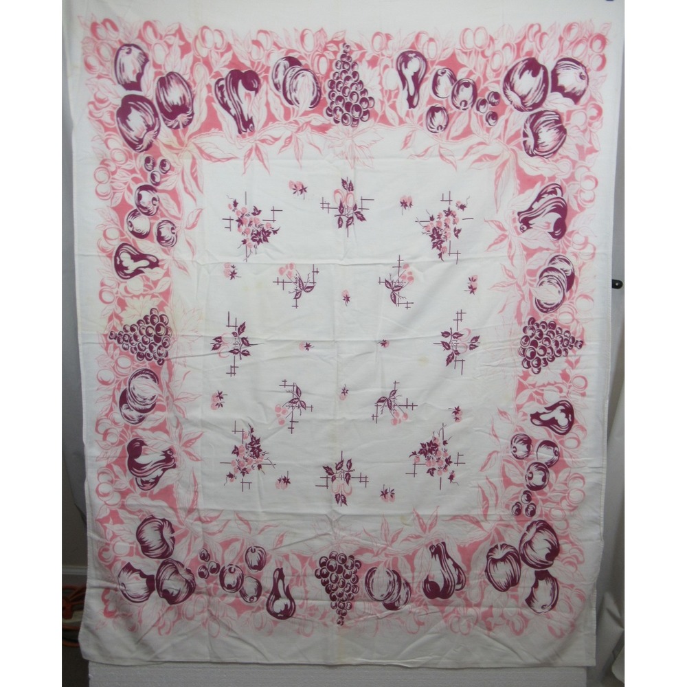Vtg 50s Fruit Print Cotton Rectangle Tablecloth Pink/Purple Lightweight 43x54